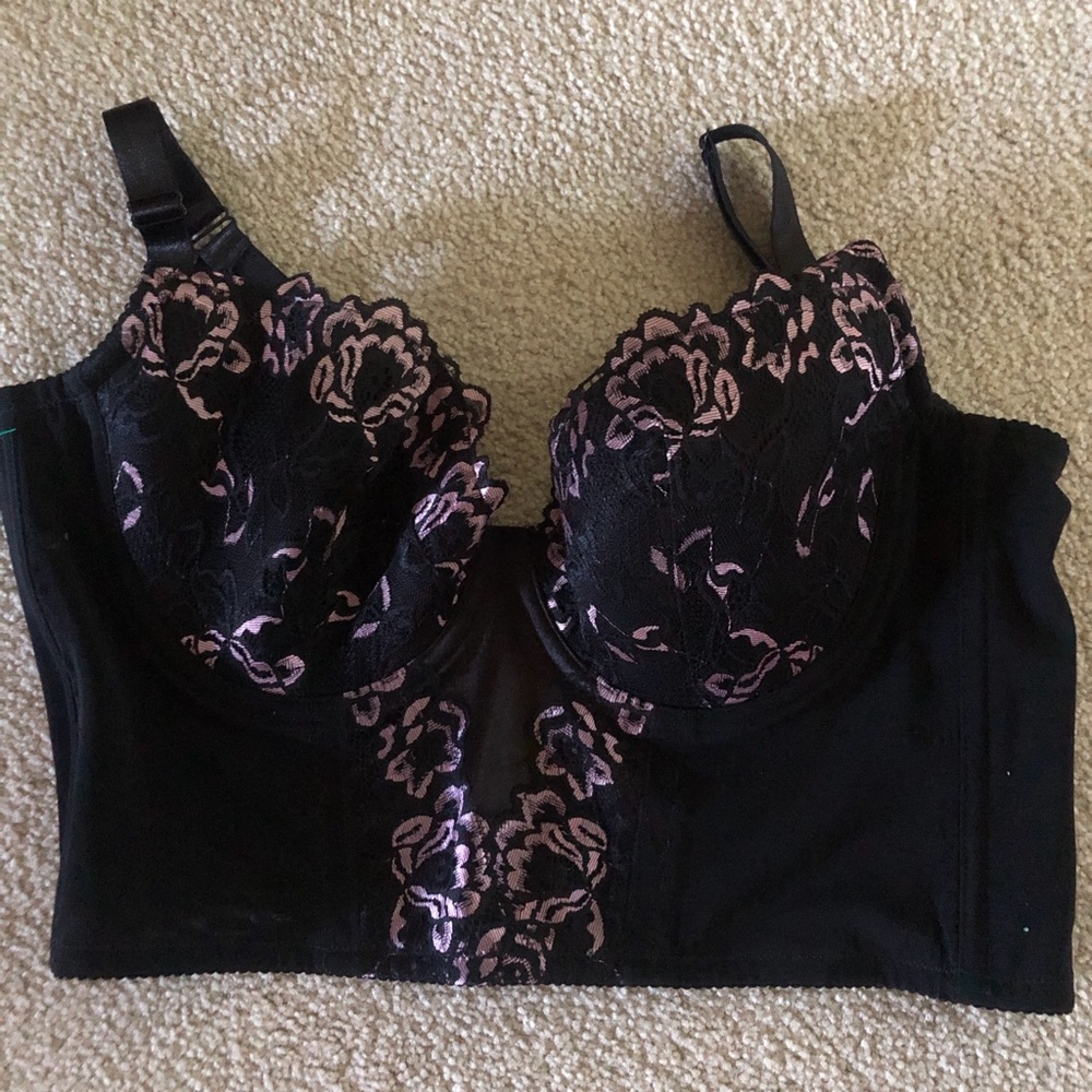 SHEIN Black Longline Corset Underwire Bra with Pink Floral Lace